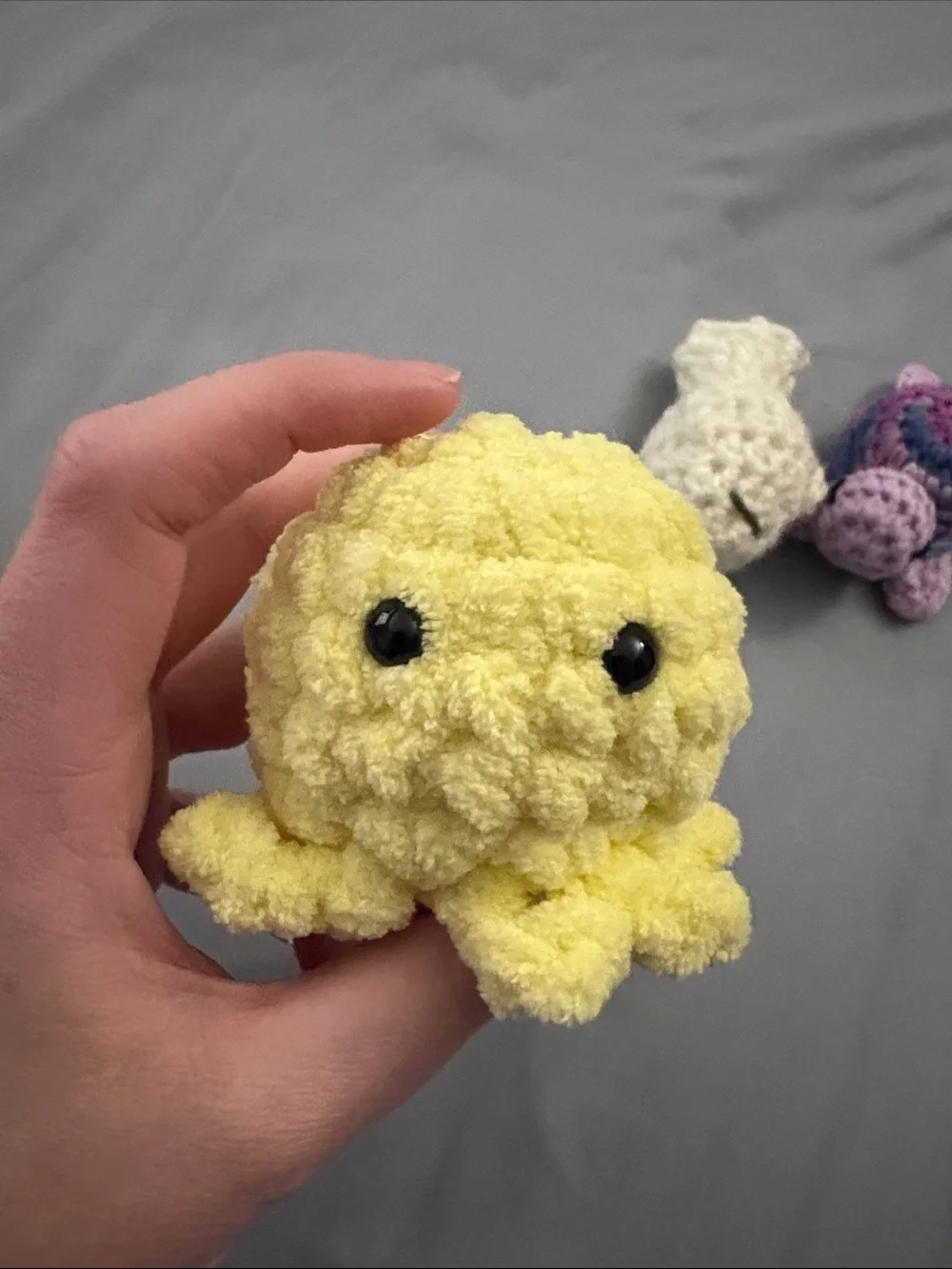 Handmade Crochet Plush Trio - Yellow Octopus, Purple Turtle, Cream fish